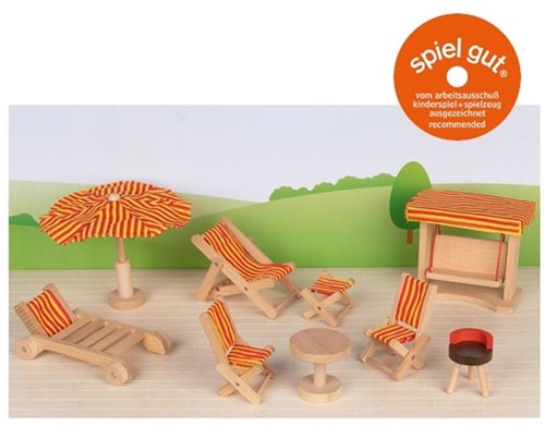 Goki Puppenhaus Gartenmöbel - Holz Garten Set für Puppenhaus