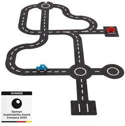 Goki Spielteppich Verkehrswege - Filz Rennbahn mit 2 Autos 30-teilig