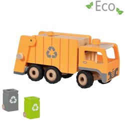 Goki Holz Müllwagen Eco mit Gummireifen und 2 Mülltonnen