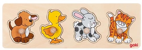 Goki Holztiere Puzzle Knöpfe Hund Ente Kaninchen Katze 4-teilig