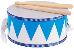 Goki Holztrommel Spielzeuginstrument blau-weiß mit Stöcken