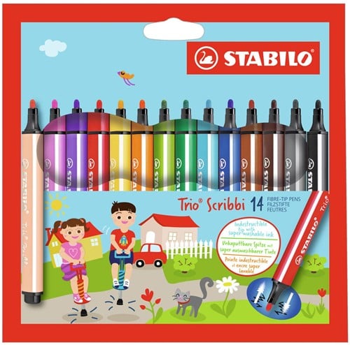 Gefederter Dreikant-Filzstift - STABILO Trio Scribbi - 14er Pack - mit 14 verschiedenen Farben