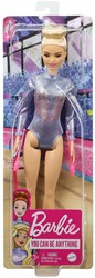 Barbie GTN65 - Blonde Puppe rhythmische Sportgymnastin (ca. 30 cm) mit schillerndem Metallic-Gymnastikanzug, 2 Keulen und Band, tolles Geschenk für Kinder ab 3 Jahren