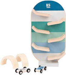 BS Toys Holz-Autorennbahn - Lernspielzeug mit 2 Autos und Toren
