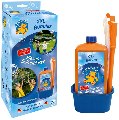 PUSTEFIX 420869858 XXL-Bubbles I 1000 ml Seifenblasenwasser und Zubehör I Bunte Bubbles Made in Germany I Für Hochzeit, Kindergeburtstag, Standesamt, Polterabend I Riesen-Seifenblasen