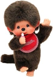 Sekiguchi 255177 - Original Monchhichi Junge, aus braunem Plüsch, mit rot-weißem Lätzchen, ca. 20 cm