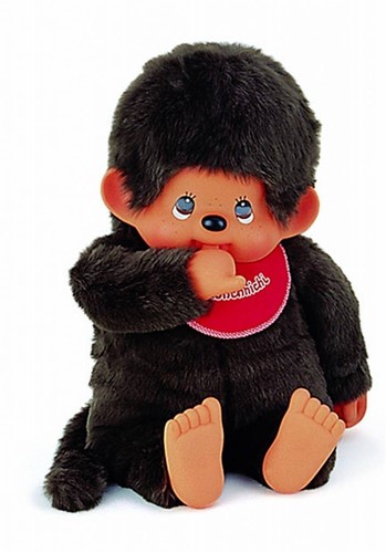 Sekiguchi 255610 - Original Monchhichi Junge, aus braunem Plüsch, mit rotem Lätzchen, ca. 80 cm groß