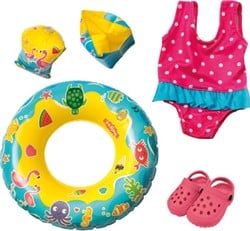 Heless Badeanzug, Clogs, Schwimmring und -flügel