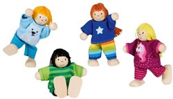 Goki Holz Biegepuppen Kinder - Set mit 4 flexiblen Puppen für Puppenhaus