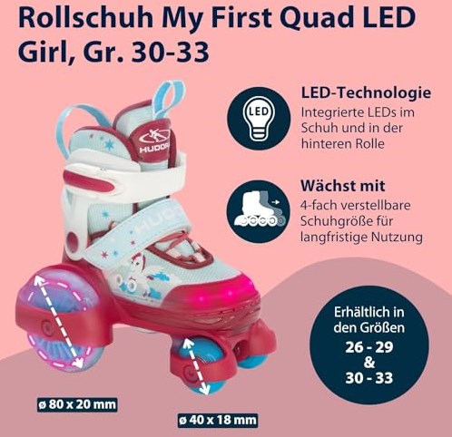 HUDORA Rolschaatsen My First Quad LED Eenhoorn, Maat 30-33-3