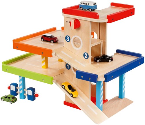 Goki Holz Parkgarage Spielzeug mit Aufzug und Waschanlage