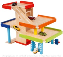 Goki Holz Parkgarage Spielzeug mit Aufzug und Waschanlage