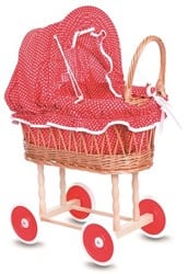 Egmont Toys Puppenwagen aus Rattan 44x28x58 cm, rot/weiß gepunktete Polsterung
