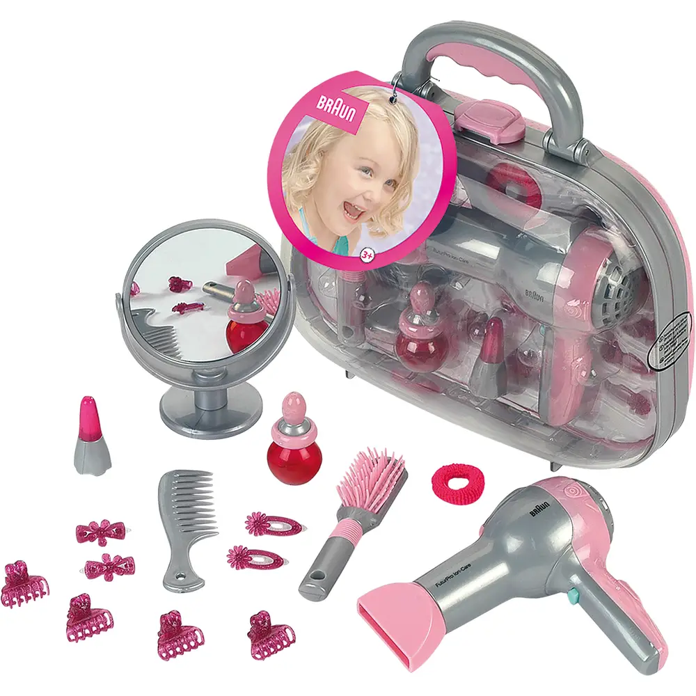 Klein Braun Spielzeug Beautycase mit Haartrockner und Zubehör - Friseursalon Set