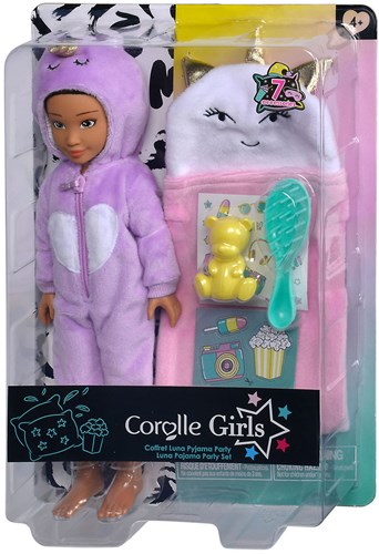 Corolle Modepuppe Luna Pyjama Party Set - Puppe mit Zubehör - 28 cm