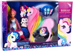 Moonlight Puppenset Spielzeug mit Einhorn und Zubehör - buntes Haar