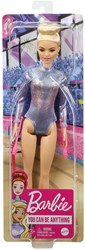Barbie GTN65 - Blonde Puppe rhythmische Sportgymnastin (ca. 30 cm) mit schillerndem Metallic-Gymnastikanzug, 2 Keulen und Band, tolles Geschenk für Kinder ab 3 Jahren