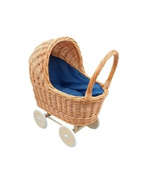 Hollie Puppenwagen aus Rattan mit Verdeck - Holz Kinderwagen jeansblau