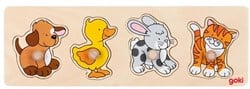 Goki Holztiere Puzzle Knöpfe Hund Ente Kaninchen Katze 4-teilig