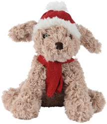 Decoris Plüsch Weihnachtskuscheltier Hund braun mit Mütze und Schal 15x10x20cm