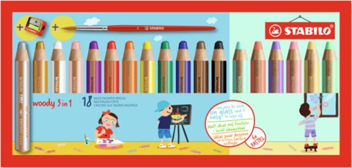 STABILO woody 3 in 1 - Multitalent Bleistift - Etui 18 Farben + Anspitzer + Pinsel