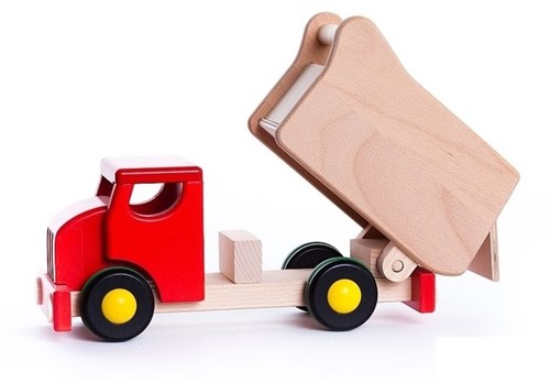 LKW Steckspiel mit 3 geom. Formen / Material: Holz / Holzreifen mit grüner Gummierung / ab 2 Jahre