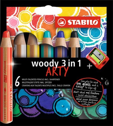 STABILO woody 3 in 1 - Multitalent Bleistift - ARTY Etui 6 Farben + Anspitzer