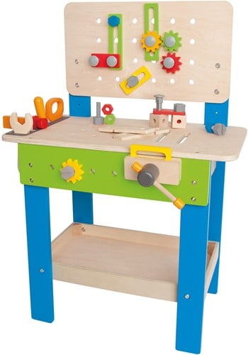 Hape Meister-Werkbank | Preisgekrönte Werkzeugbank für Kinder aus Holz Spielzeug Spiel kreatives Bauen, Höhenverstellbar 35-teilige Werkstatt für Kleinkinder