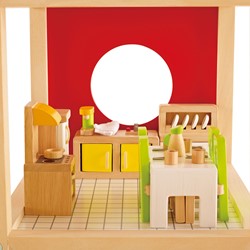 Hape E3454 Esszimmer, grüne Stühle/weißer Tisch/schrank mit weißen Türen