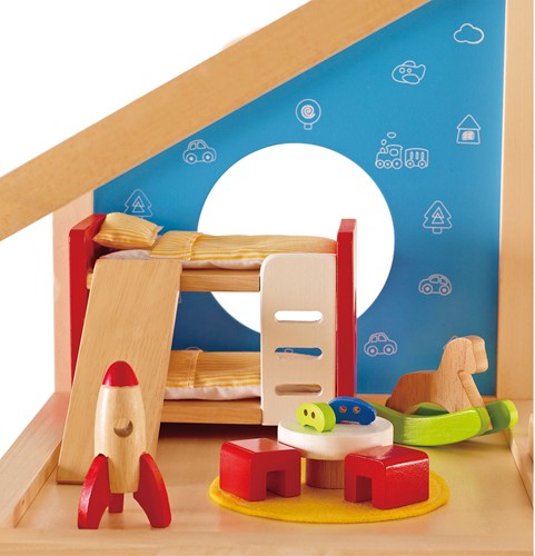 Hape Holz Kinderzimmer Möbel | detailgetreues Kinderzimmer Puppenhaus Möbelset inklusive Stockbett, Tisch, Stühle und Rakete