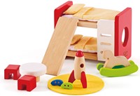 Hape Holz Kinderzimmer Möbel | detailgetreues Kinderzimmer Puppenhaus Möbelset inklusive Stockbett, Tisch, Stühle und Rakete-2