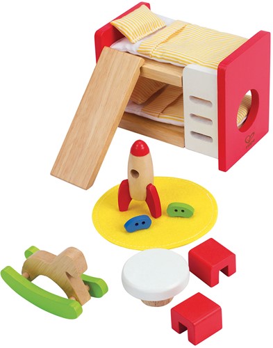 Hape Holz Kinderzimmer Möbel | detailgetreues Kinderzimmer Puppenhaus Möbelset inklusive Stockbett, Tisch, Stühle und Rakete-3