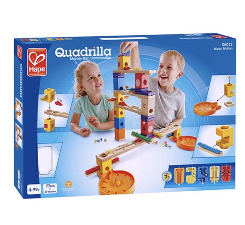 Hape E6012 - Music Motion, Quadrilla Kugelbahn, Konstruktionsspielzeug, mit Musikelementen, 97 teilig, aus Holz, ab 4 Jahren, mehrfarbig