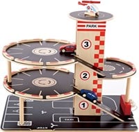 Hape Parkhaus aus Holz für Kinder Spieleset Autogarage | Auffahrrampe mit drei Parkdecks und einem Hubschrauber-Landeplatz, 2 Spielzeugautos, 1 Spielzeug-Hubschrauber, ein Aufzug und eine Tankstelle-2