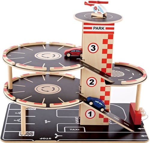 Hape Parkhaus aus Holz für Kinder Spieleset Autogarage | Auffahrrampe mit drei Parkdecks und einem Hubschrauber-Landeplatz, 2 Spielzeugautos, 1 Spielzeug-Hubschrauber, ein Aufzug und eine Tankstelle-2