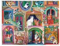 eeBoo Puzzle Katzen Fenster 1000 Teile buntes Kartonspiel