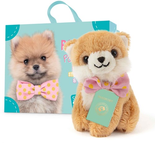 Studio Pets Plüsch Hund Kuscheltier Pomeranian mit Koffer und Stickern