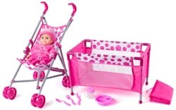 Puppenbett, Buggy, Puppe mit Zubehör. 91857