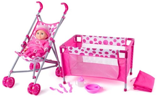 Puppenbett, Buggy, Puppe mit Zubehör. 91857