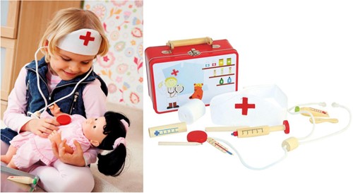 Woody Arzt Spielzeugkoffer mit Holz Zubehör für Kinder