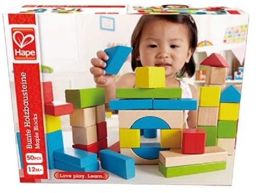 Hape Bunte Holzbausteine für Kinder von Hape | Holzbausteine-Set zum Stapeln Lernspielzeug für Kleinkinder, 50 leuchtend bunte Holzbausteine in unterschiedlichen Formen und Größen-2
