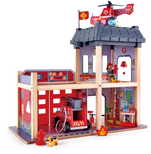Hape Großstadt-Feuerwache Spieleset | Feuerwache für Kinder aus Holz, unterstützt die motorische Entwicklung und fördert das gemeinsame Spiel