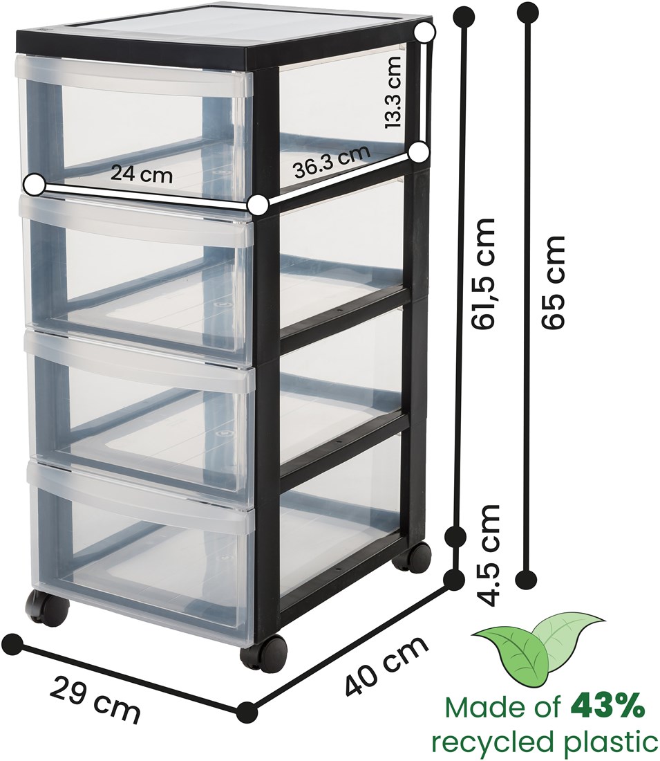 Iris Kunststoff-Kommode mit Rollen 4 Schubladen 11L schwarz transparent Planet Happy DE