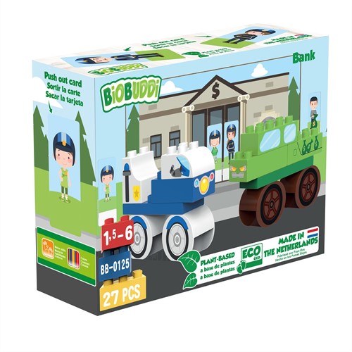 BiOBUDDi BB-0125 - Bausatz Bank, biologische Bausteine zum Stecken, kompatibel zu anderen Marken, hergestellt aus Bio Kunststoff, 18 Klemmbausteine, Spielhintergrund und Pappspielfiguren