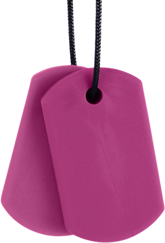 Ark Therapeutics Kaufschmuck Spielzeug Chew Tags magenta Kunststoff Dunne, discrete kauwketting met twee hangers in dog-tag-stijl, voor kinderen en volwassenen.