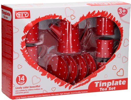 Teeservice Spielzeug Zinn rot Herzchen Tablett Kindertee