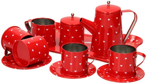 Teeservice Spielzeug Zinn rot Herzchen Tablett Kindertee-2