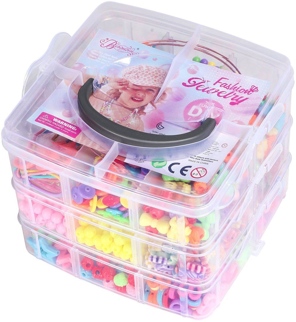 Lobbes Perlen-Set Spielzeug Aufbewahrungsbox 3-lagig bunte Perlen Planet Happy DE