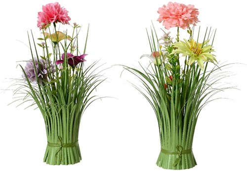 Decoris Kunstgras Blumenstrauß mit bunten Blumen - 30 cm Dekoration