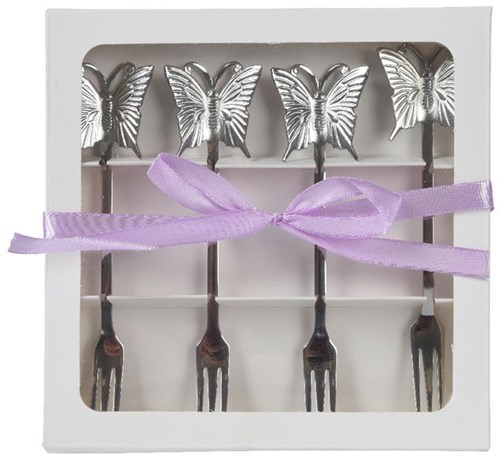 Decoris Kuchengabeln Set Edelstahl 4-teilig Silber mit Schmetterlingsdetails